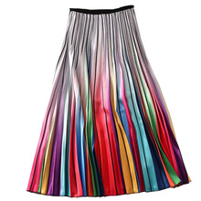 Woman High Waist Pleated Skirt Spring Summer Rainbow Skirts Lady Elastic Waist A Line Midi Skirt Mid Calf Long Skirts 2024 - buy cheap