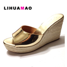 LIHUAMAO Golden wedges shoes for women high heel platform peep toe sandals outdoor slides casual espadrilles shoes 2024 - buy cheap