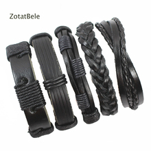 5Pcs/lot Vintage Black Leather Bracelets Multilayer Braid Wrap Bracelets Bangles Male Rope Chain Wholesale Men Jewelry F24 2024 - buy cheap