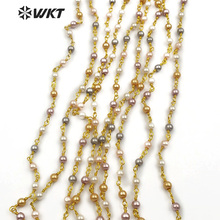 WT-RBC097 WKT  New style rosary chain mix 4mm white yello and pink color pearl beads with brass wire wrapped for girl jewelry 2024 - buy cheap