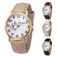 Часы женские кварцевые с кожаным ремешком, модные наручные часы с кофейным узором, с золотым циферблатом, с черным ремешком 2024 - купить недорого