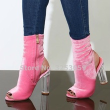 ALMUDENA Elegant Pink Velvet Transparent Chunky Heel Short Boots Open Toe Lucite Clear Heels Gladiator Sandal Booties Dropship 2024 - buy cheap