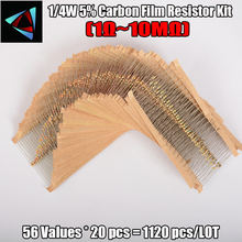 Kit surtido de resistencias de película de carbono, 1120 Uds., 56 valores, 1/4W, 5% 1R - 10M Ohm, 0,25 W 2024 - compra barato