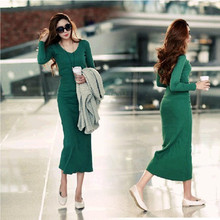 New Spring Autumn Women Dresses Vestidos Plus Size Fashion V-Neck Slim Solid Long Style Knitted Render Dress For Women One-Piece 2024 - buy cheap