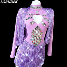 Flashing Rhinestones Purple Tassels Bodysuit Sexy Stretch Leotard Jumpsuit Nightclub Costume Women Singer Show Stage Dance Wear 2024 - buy cheap