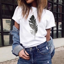 FREE OSTRICH women's simple feather print O-neck T-shirt Ladies casual white basic short-sleeved T-shirt tops summer plus size 2024 - buy cheap