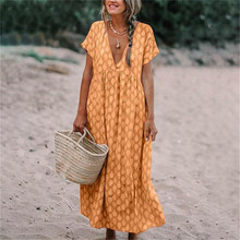 2019 Boho Summer Women Printed Long Dress Short Sleeve V-Neck Loose Dress Ankle-Length Ladies High Waist Pleated Dress Plus Size 2024 - buy cheap