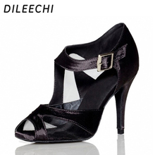 DILEECHI-zapatos de baile latino para mujer adulta, calzado de satén rojo vino, malla negra, tacón alto de 8,5 cm, zapatos de Salsa y Samba 2024 - compra barato