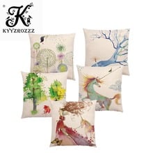 Fresh Style Watercolor Cartoon Bird Beautiful Tree Leaf Flowers Unicorn Fairy Tale Cushion Cover Decor Sofa Throw Pillow Case 2024 - buy cheap