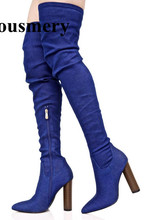 Nuevo diseño de moda para mujer, puntiagudas azules, sobre la rodilla Denim, botas de tacón grueso, botas sexis ajustadas largas elásticas de tacón alto 2024 - compra barato