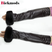 40CM Long Leather Sheepskin Fingerless Gloves Women's Long Sleeves Rabbit Fur Warm Autumn and Winter Velvet Lining Half-Finger 2024 - buy cheap