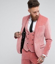 Ternos masculinos de veludo rosa personalizados em 3 peças, veste de noivado da moda para inverno, vestido slim fit, terno de jaqueta + colete + calças 2024 - compre barato
