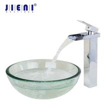 Jieni-pia de banheiro redonda de vidro temperado, conjunto de pia de banheiro com cascata cromada, torneira de banheiro com dreno pop-up 2024 - compre barato