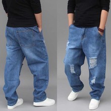 Calças jeans masculinas casuais, calças da moda, para homens, hip hop, rasgadas, com zíper, virilha baixa, solta, de algodão, baggy 2024 - compre barato
