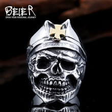 Beier anel de aço inoxidável 316l, anel masculino de cruz vermelha, chapéu de caveira, joias fashion 2024 - compre barato