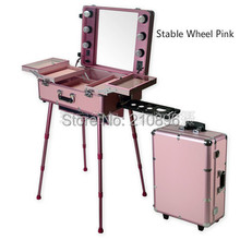 Professional Aluminum trolley Cosmetic case with Legs LED Lighted cosmetic Box Pink Basic Type with stable wheels 2024 - buy cheap