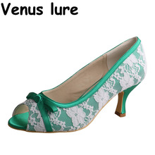Zapatos de tacón para fiesta de satén verde encaje blanco zapatos de dama de honor Peep Toe 2024 - compra barato