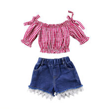 2018 модная одежда для маленьких детей и девочек, хлопковые клетчатые топы с открытыми плечами, кружевная джинсовая ткань 2024 - купить недорого