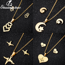 Shuangshuo colares femininos de coração dourados, conjunto de joias de aço inoxidável com pingente de coração vazado brincos 2024 - compre barato