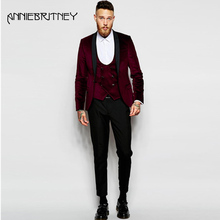 Custom Made Wine Red Men Suits 2018 Wedding Velvet Groom Tuxedos Handsome Best Men Blazer Prom Party Suits Shawl Lapel 3 Pieces 2024 - buy cheap