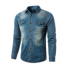 2018 Autumn New Denim Blue Shirt Fashion Pocket Mens Slim Fit Long Sleeve Jean Shirts Men Chemise Homme Camisa Masculina XXL 2024 - buy cheap
