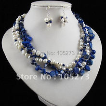 Charming!pearl jewelry set AA 4-17mm blue lapis&white Genuine freshwater pearl necklace earring Hot sale free shipping A2455 2024 - buy cheap