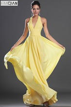 Vestido formal de noite em chiffon, vestido elegante simples com gola v amarelo 2024 - compre barato