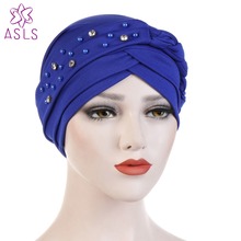 Новый Модный женский мусульманский головной платок с индийскими кристаллами и бусинами, повязка на голову для химиотерапии, тюрбан, бесплатная доставка, аксессуары для волос 2024 - купить недорого