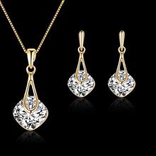 Water Drop Pendant Square Rhinestone Ear Stud Earrings Necklace Lady Jewelry Set dropshipping 2024 - buy cheap