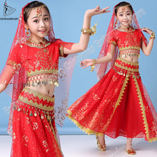 New Style Kids Belly Dance Indian Costume Set Sari Bollywood Children Outfit Halloween Chiffon Top Belt Skirt Veil Headpiece 2024 - buy cheap