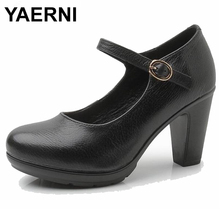 YAERNI-zapatos de piel auténtica de tacón grueso para mujer, calzado clásico negro y zapatos de salón rojos, para oficina, 2018 2024 - compra barato