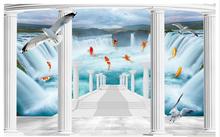 Papel de parede 3d personalizado para foto, mural de tv 3d 3 d com cascata e peixe para parede sala de estar decoração 2024 - compre barato