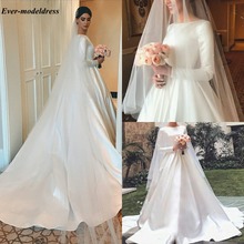 Vestidos de noiva de cetim com mangas compridas, vestido simples com botão, linha a, personalizado, treino de varredura 2024 - compre barato