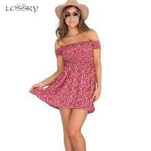Lossky Summer Short Dress Women Casual Off Shoulder Backless Floral Ruched A-Line Mini Pleated Red Beach Tube Dresses Fashion 2024 - buy cheap