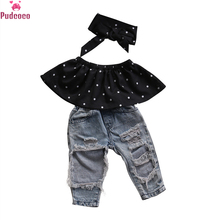 Conjunto de roupas para meninas pudcoco, 3 peças, sem mangas, com bolinhas, calças jeans e tiara, roupas para bebês meninas 2024 - compre barato