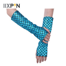 IIXPIN-guantes largos de sirena para adultos, manguitos de brazo, patrón de escamas de pescado impreso, sin dedos, accesorio de disfraz de Halloween 2024 - compra barato