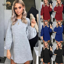 Vintage suéter de punto jersey Mini vestido las mujeres de cuello en O Linterna mangas Oficina una línea vestidos casuales de primavera 2024 - compra barato