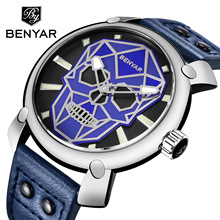 BENYAR Gold Skull Mens Watches Top Brand Luxury Fashion Leather Quartz Wristwatch Clock Men Montre Homme Relojes Para Hombre 2024 - compre barato