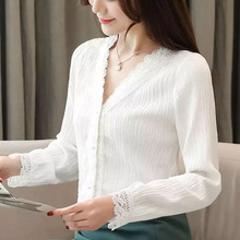 Autumn Women OL shirt long sleeved V collar White Chiffon blouse shirt Patchwork Long sleeve Crochet lace Tops DF2362 2024 - buy cheap