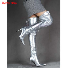 Silver Patent Leather Women Shoes Over Knee Long Boots Pointed Toe Lace Up Stilettos High heels Winter Fashion Thigh High Boots 2024 - buy cheap