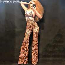 Strass tiras tigre macacão grande stretch sexy, bodysuit para mulheres traje de palco uma peça impresso cristais magros 2024 - compre barato