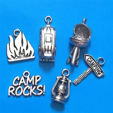 MIXED 30pcs Antique Silver Plated Camping Charms Collection Camper Trailer Camp Rocks Lantern Fire Grill Road Sign diy Pendant 2024 - buy cheap