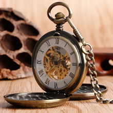 Retro bronze oco caso duplo caçador completo design número romano esqueleto relógios de bolso mecânico steampunk fob relógio para homem 2024 - compre barato