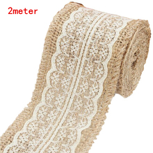 2 meters Christmas Decor Natural Burlap Jute Hessian Ribbon with Lace ,  6cm Widths Wedding Party Decoration Lace Trim AA7948 2024 - buy cheap