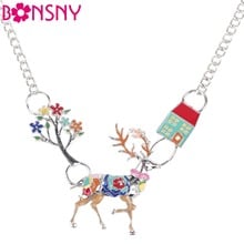 Bonsny Maxi AlloyDeer Stag Tree Necklace Chain Enamel Jewelry Colorful Pendant 2016 New Fashion Jewelry Women Statement Charm 2024 - buy cheap