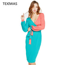 TEXIWAS Patchwork Colorblock Side Slit Elegant dress Women V-Neck OL Business Office Party Dress Plus Size Kimono dress Vestidos 2024 - buy cheap