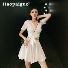 2019 Summer Casual Streetwear Modis 2 Piece Set Ruffle Sexy Blouse with Sashes and White Pleated Mini Skirt Ladies Two Piece Set 2024 - buy cheap