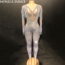 Women Sexy Stage Jumpsuit Silver Tassel Bling Sparkling Crystals Bodysuit Nightclub Party Stage Wear Dancer Singer Jumpsuit 2024 - buy cheap