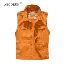 ABOORUN Men's Motor Denim Vest Orange Ripped Jean Waistcoat Korean Sleeveless Jackets for Male R250 2024 - buy cheap