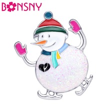 Bonsny Enamel Alloy Christmas Skiing Snowman Brooches Cartoon Scarf Clothes Pin Jewelry For Women Girls Teens Gift Navidad New 2024 - buy cheap